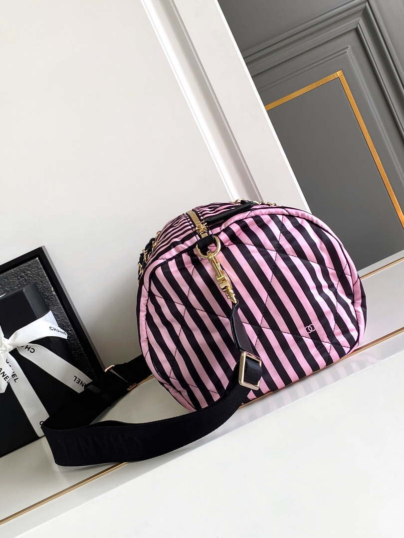 Chanel AS4696 Large Bowling Bag Printed Fabric & Gold-Tone Metal Black & Pink - Default Title - View 2