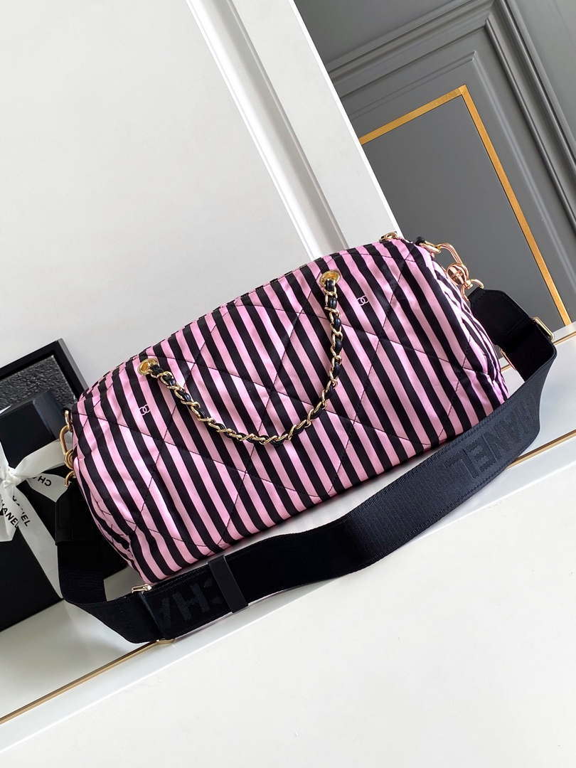 Chanel AS4696 Large Bowling Bag Printed Fabric & Gold-Tone Metal Black & Pink