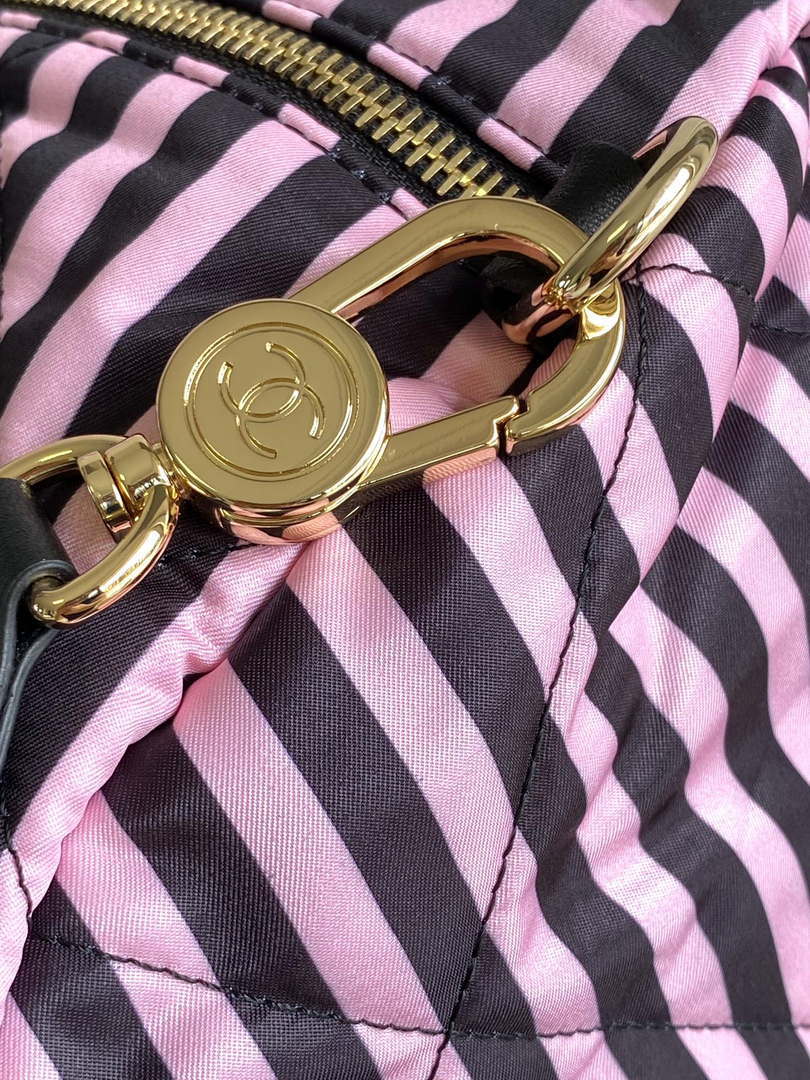 Chanel AS4696 Large Bowling Bag Printed Fabric & Gold-Tone Metal Black & Pink