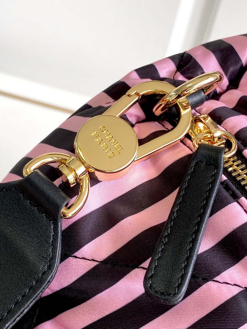 Chanel AS4696 Large Bowling Bag Printed Fabric & Gold-Tone Metal Black & Pink