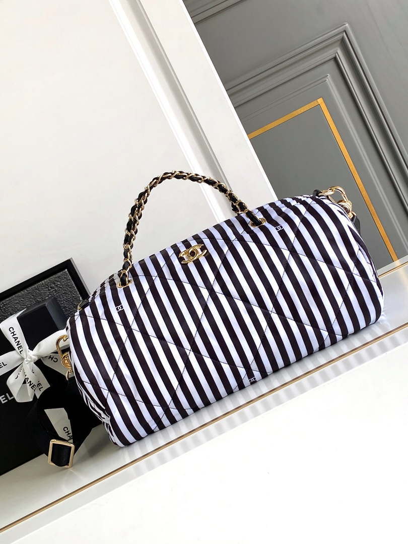 Chanel AS4696 Large Bowling Bag Printed Fabric & Gold-Tone Metal White & Black