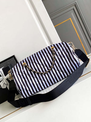 Chanel AS4696 Large Bowling Bag Printed Fabric & Gold-Tone Metal White & Black - Default Title - View 3