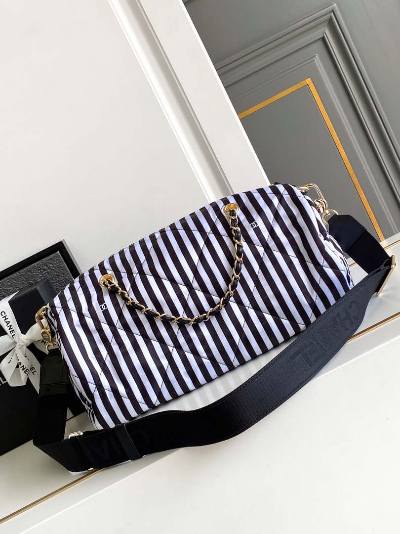 Chanel AS4696 Large Bowling Bag Printed Fabric & Gold-Tone Metal White & Black