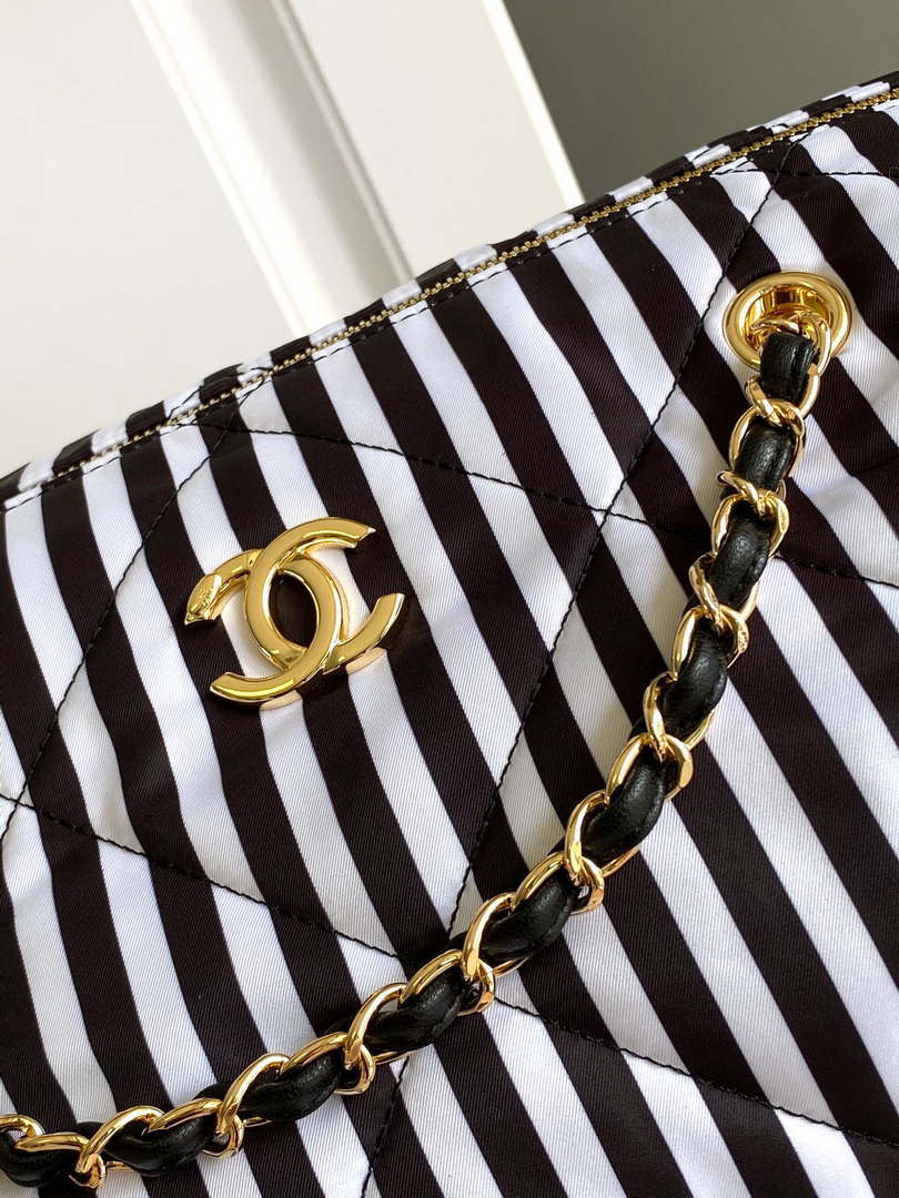 Chanel AS4696 Large Bowling Bag Printed Fabric & Gold-Tone Metal White & Black