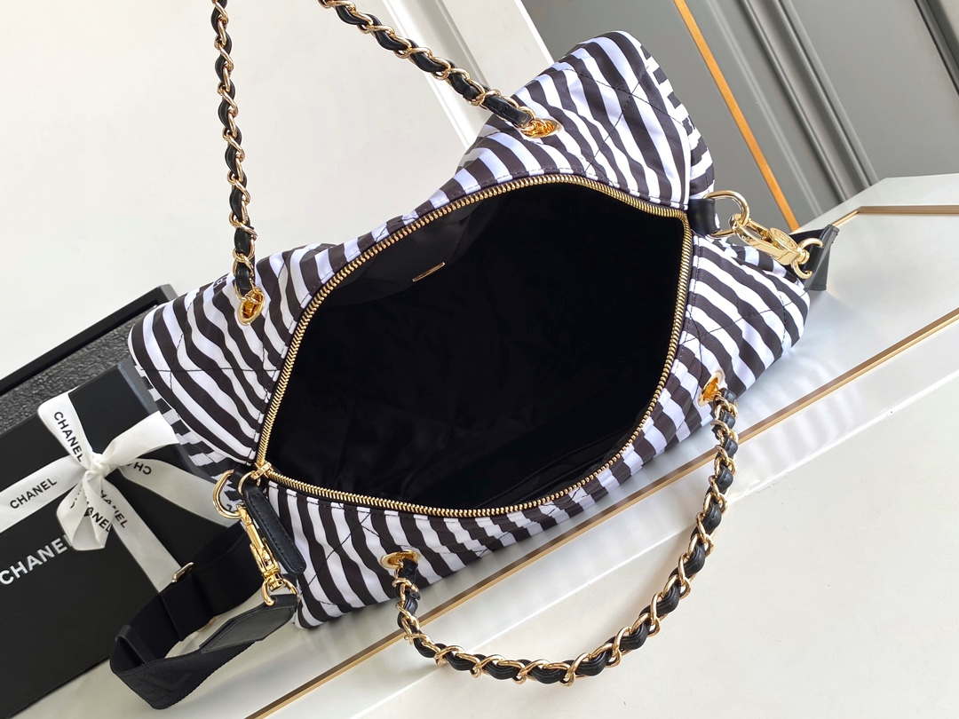 Chanel AS4696 Large Bowling Bag Printed Fabric & Gold-Tone Metal White & Black