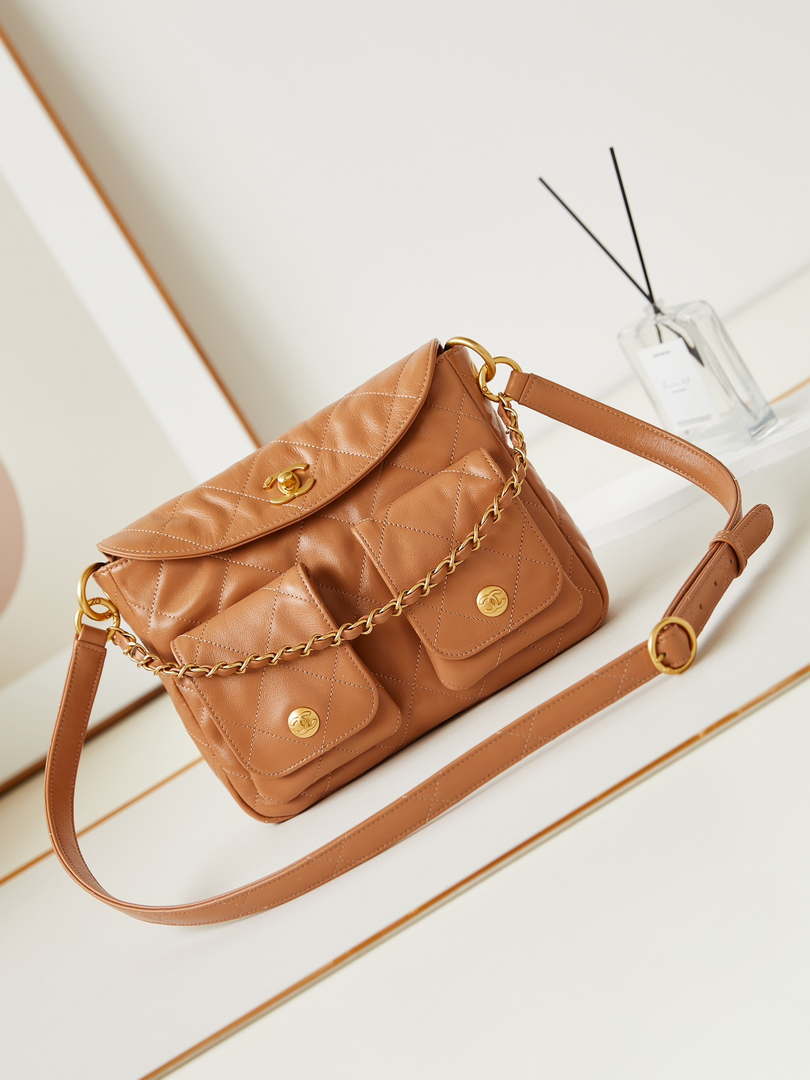 Chanel AS4743 Hobo Handbag Shiny Calfskin & Gold-Tone Metal Camel - Default Title - View 1