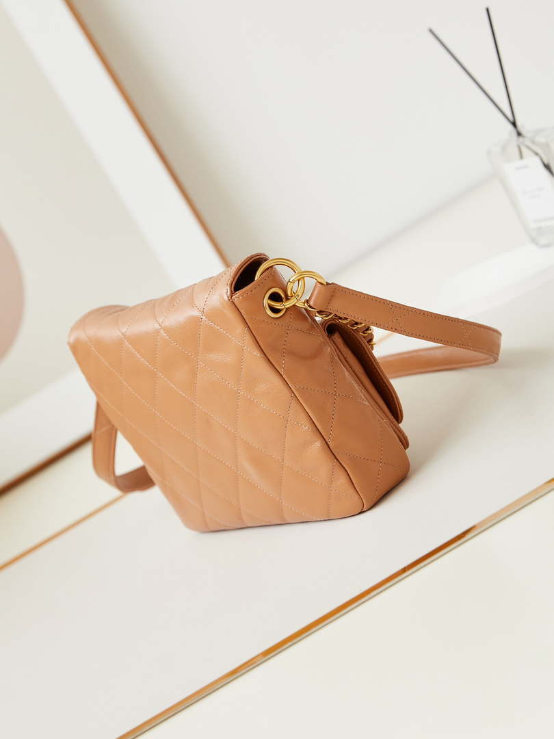 Chanel AS4743 Hobo Handbag Shiny Calfskin & Gold-Tone Metal Camel