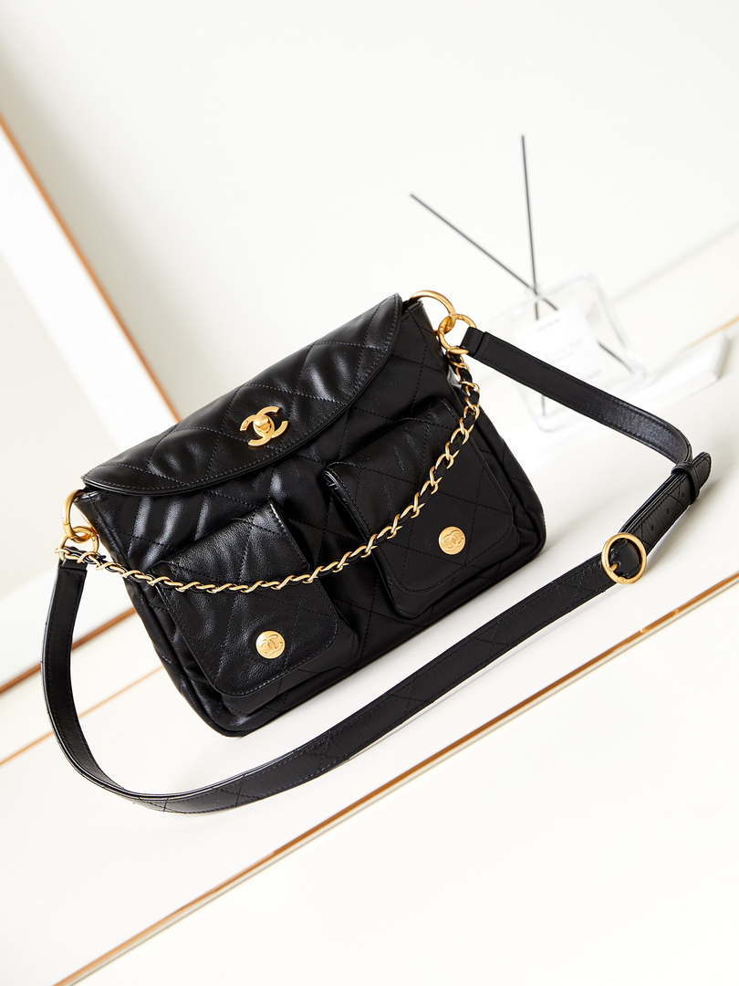 Chanel AS4743 Hobo Handbag Shiny Calfskin & Gold-Tone Metal Black - Default Title - View 1
