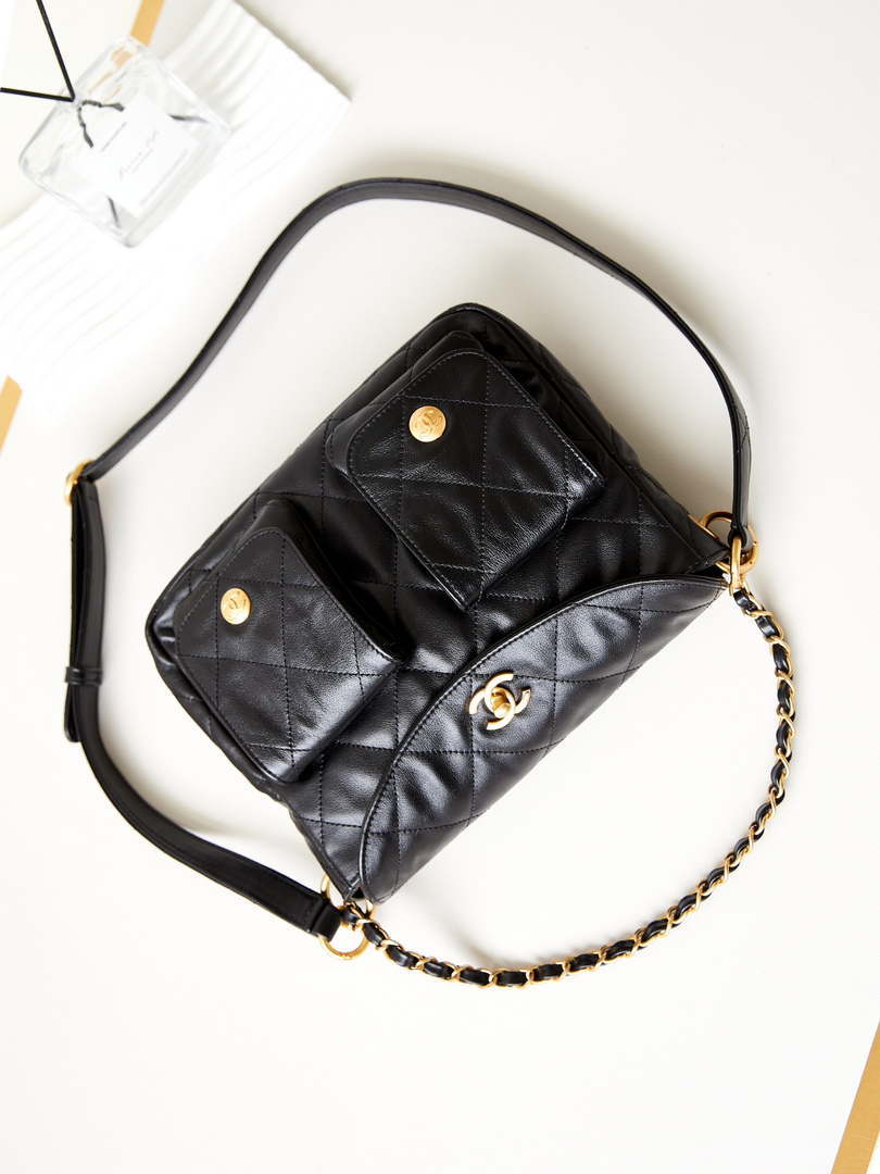 Chanel AS4743 Hobo Handbag Shiny Calfskin & Gold-Tone Metal Black - Default Title - View 7