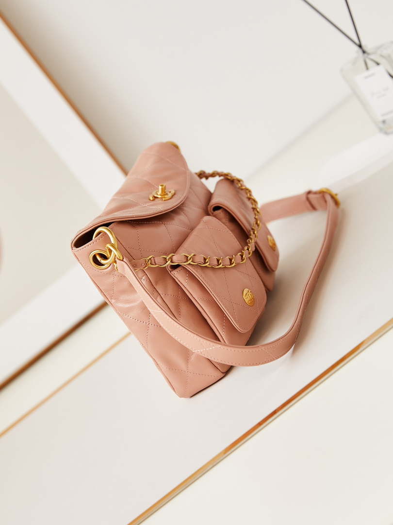 Chanel AS4743 Hobo Handbag Shiny Calfskin & Gold-Tone Metal Pink - Default Title - View 3