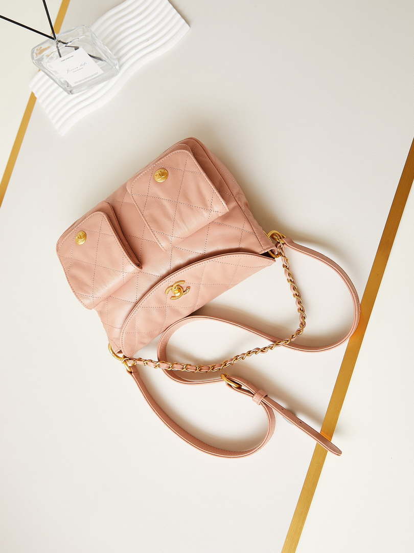 Chanel AS4743 Hobo Handbag Shiny Calfskin & Gold-Tone Metal Pink - Default Title - View 7