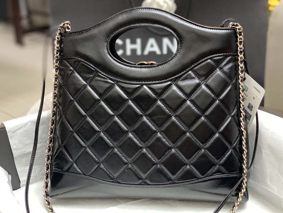 Chanel AS4853 Shopping Bag Shiny Lambskin & Gold-Tone Metal Black - Default Title - View 3