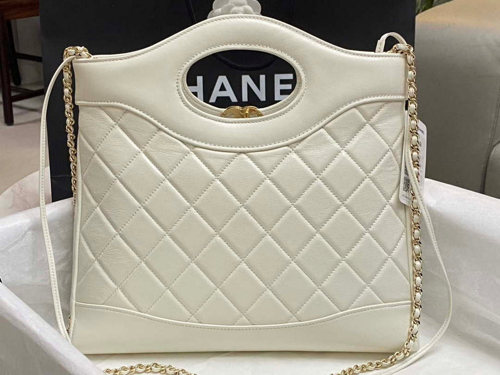 Chanel AS4853 Shopping Bag Shiny Lambskin & Gold-Tone Metal White