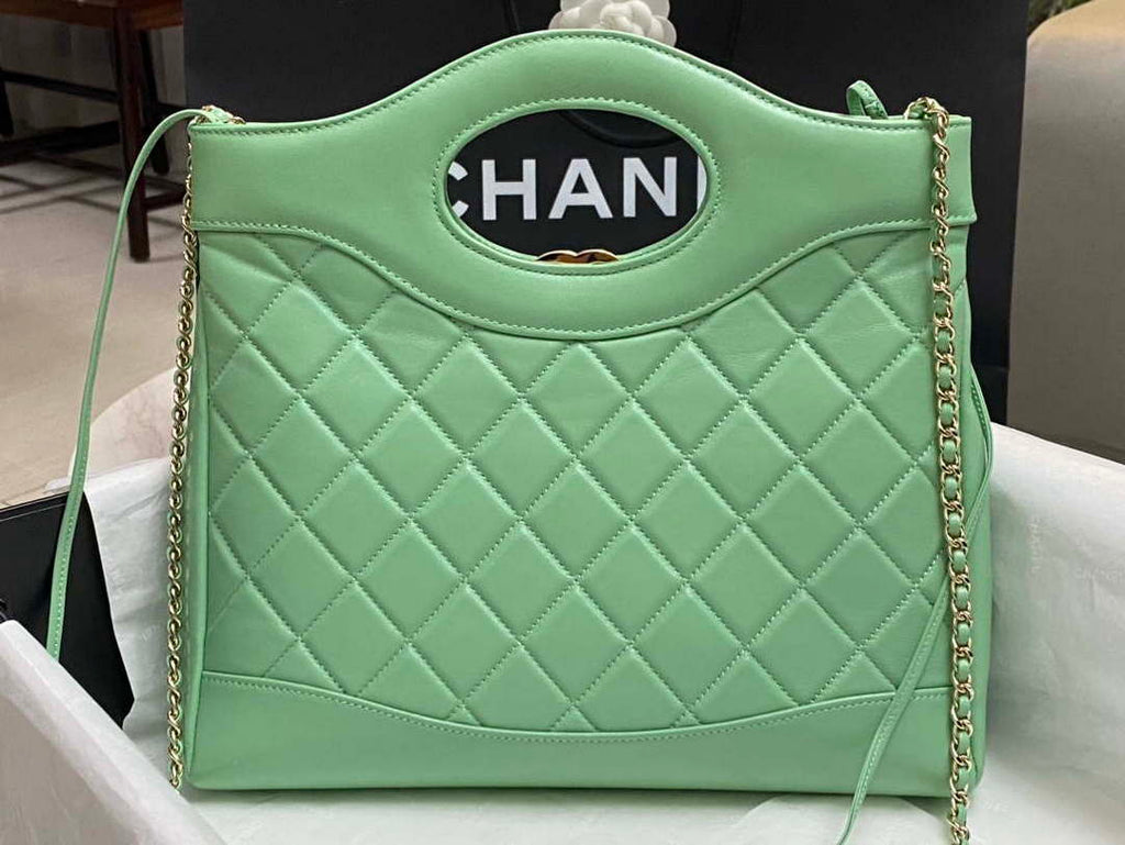 Chanel AS4853 Shopping Bag Shiny Lambskin & Gold-Tone Metal Green