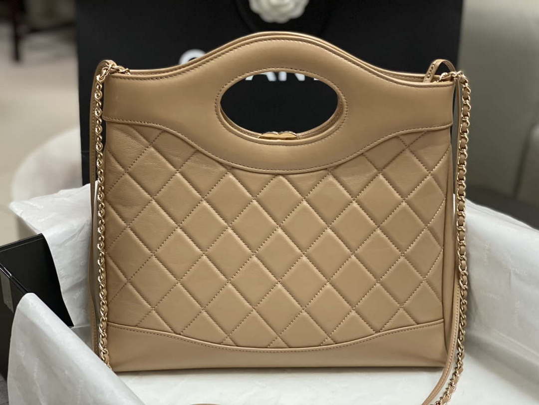 Chanel AS4853 Shopping Bag Shiny Lambskin & Gold-Tone Metal Brown - Default Title - View 3