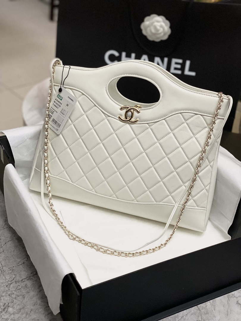 Chanel AS4854 Shopping Bag Shiny Lambskin & Gold-Tone Metal White - Default Title - View 1