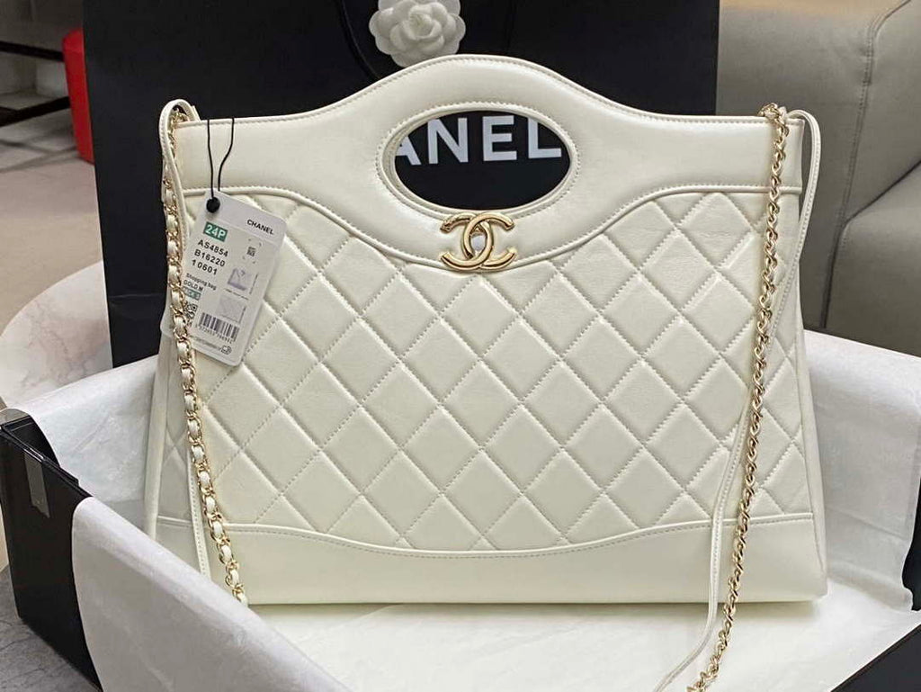 Chanel AS4854 Shopping Bag Shiny Lambskin & Gold-Tone Metal White