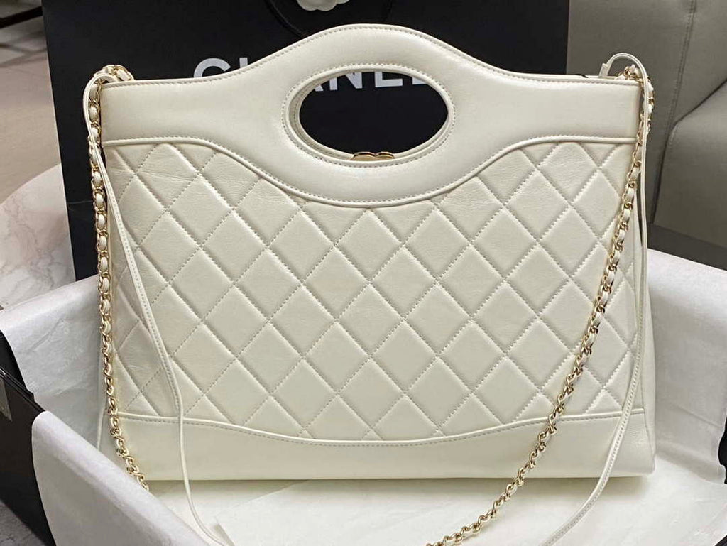 Chanel AS4854 Shopping Bag Shiny Lambskin & Gold-Tone Metal White