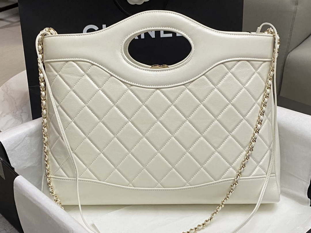 Chanel AS4854 Shopping Bag Shiny Lambskin & Gold-Tone Metal White