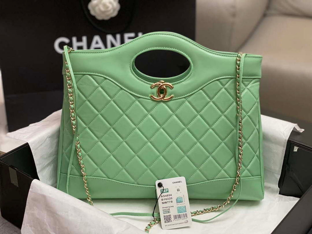 Chanel AS4854 Shopping Bag Shiny Lambskin & Gold-Tone Metal Green