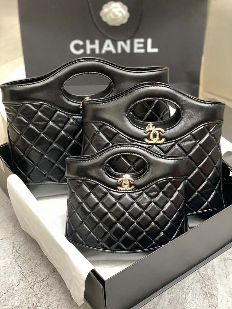 Chanel AS4853 Shopping Bag Shiny Lambskin & Gold-Tone Metal Black