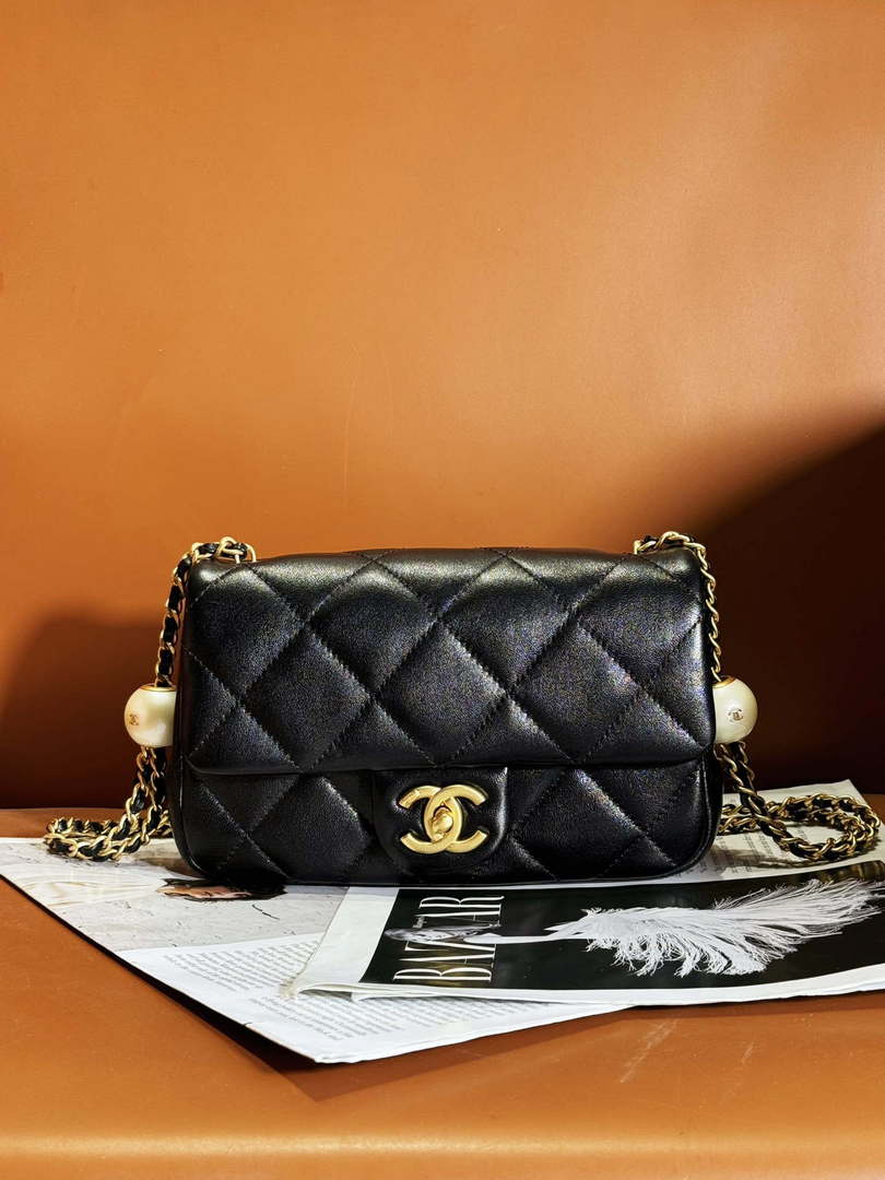 Chanel AS4861 Small Flap Bag Pearly Lambskin Imitation Pearls & Gold-Tone Metal Black - Default Title - View 1