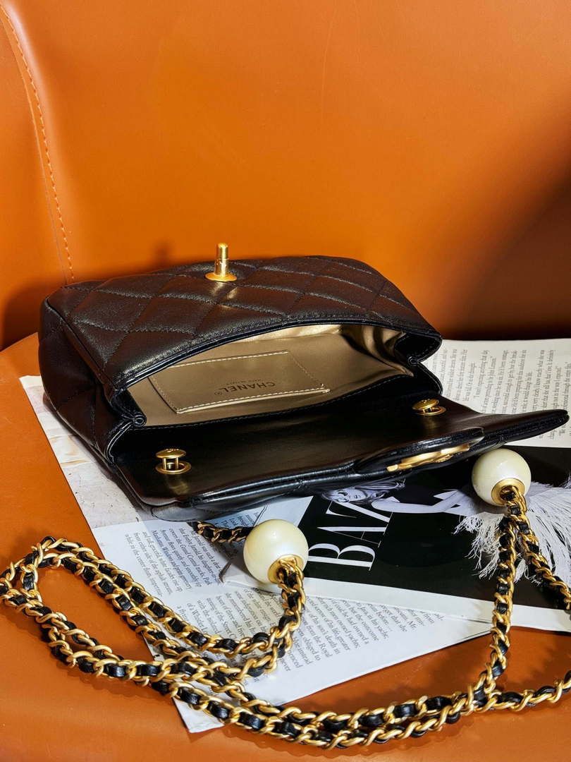 Chanel AS4861 Small Flap Bag Pearly Lambskin Imitation Pearls & Gold-Tone Metal Black