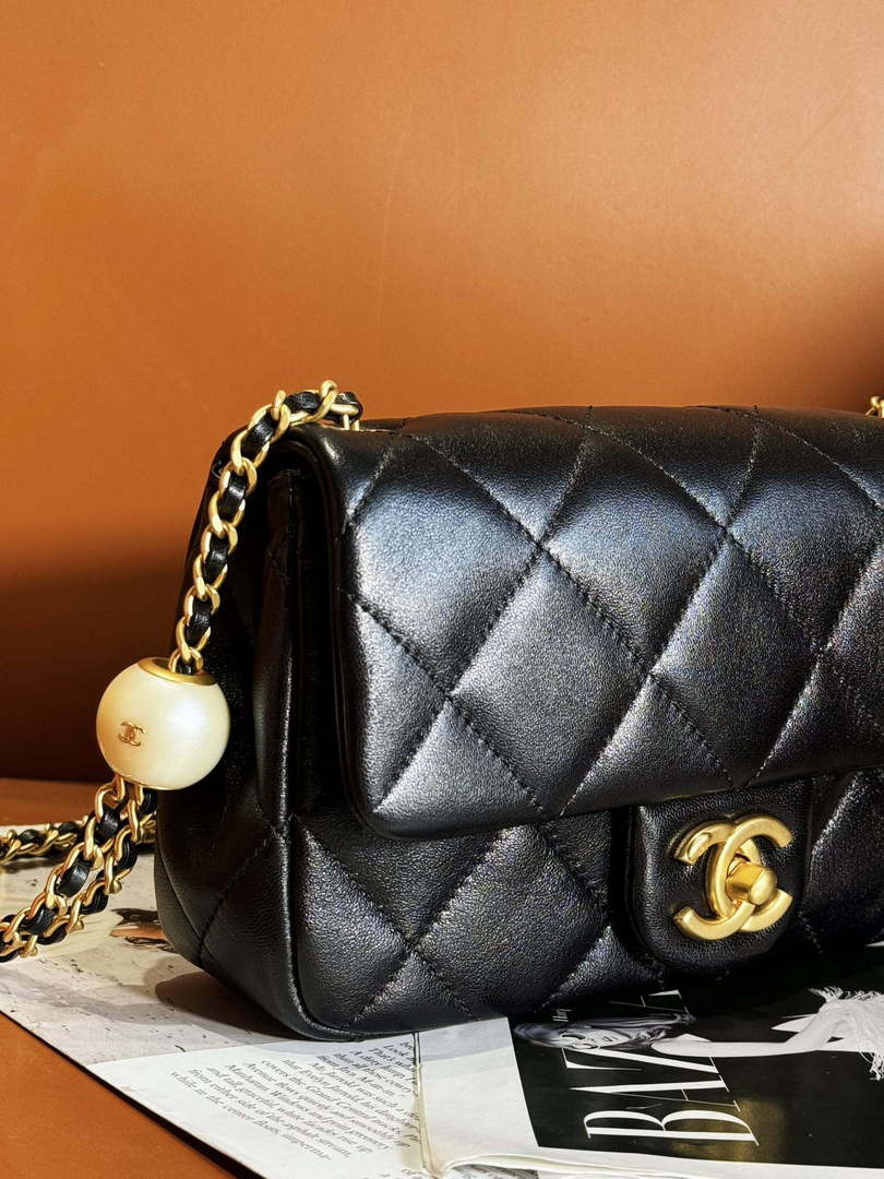 Chanel AS4861 Small Flap Bag Pearly Lambskin Imitation Pearls & Gold-Tone Metal Black - Default Title - View 8