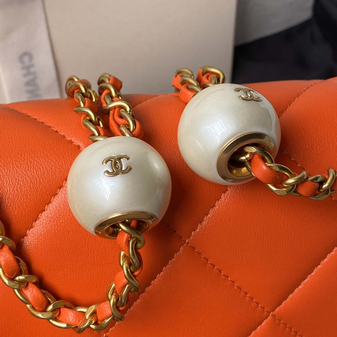 Chanel AS4861 Small Flap Bag Pearly Lambskin Imitation Pearls & Gold-Tone Metal Orange - Default Title - View 4
