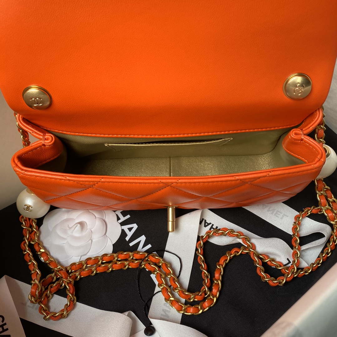 Chanel AS4861 Small Flap Bag Pearly Lambskin Imitation Pearls & Gold-Tone Metal Orange - Default Title - View 7