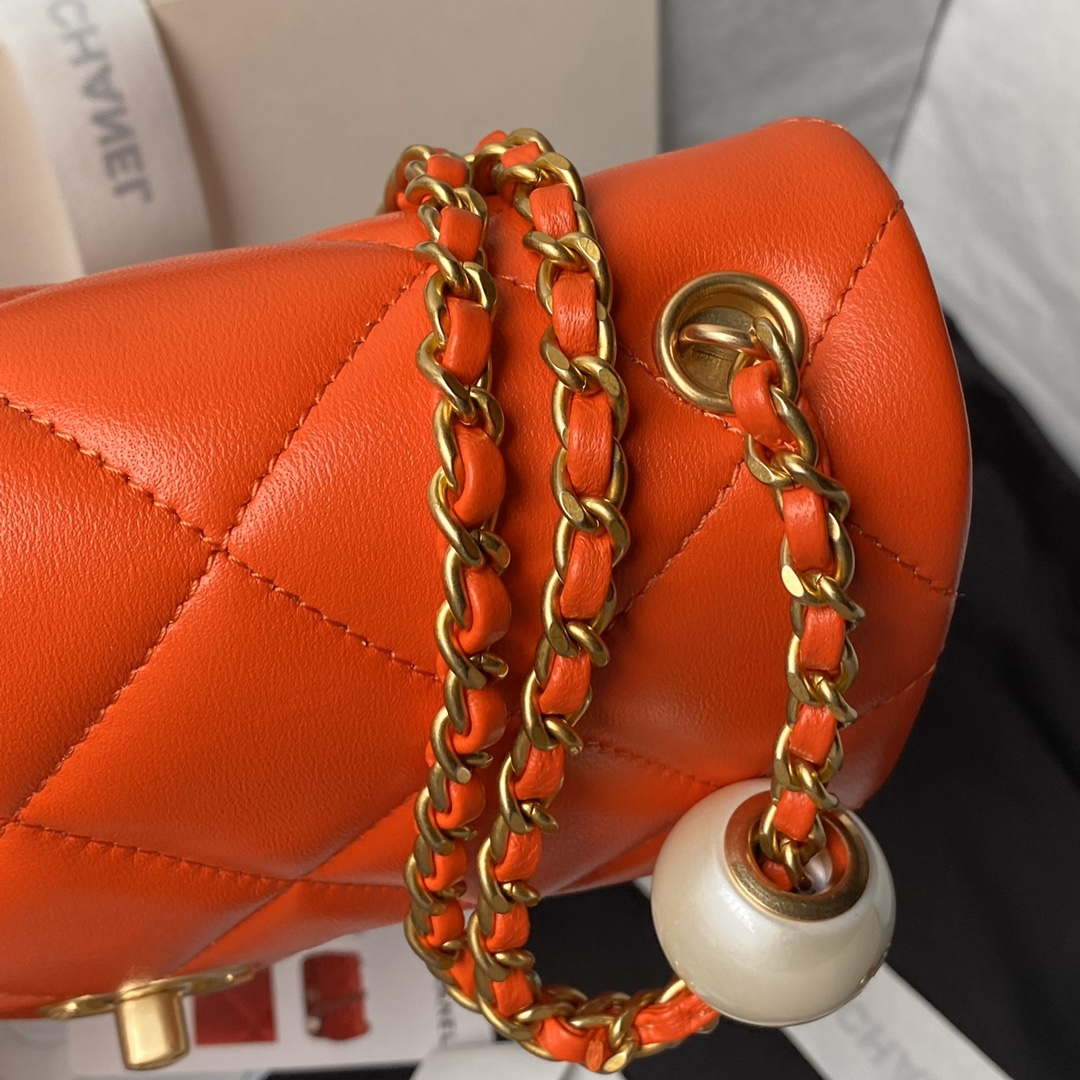 Chanel AS4861 Small Flap Bag Pearly Lambskin Imitation Pearls & Gold-Tone Metal Orange - Default Title - View 9