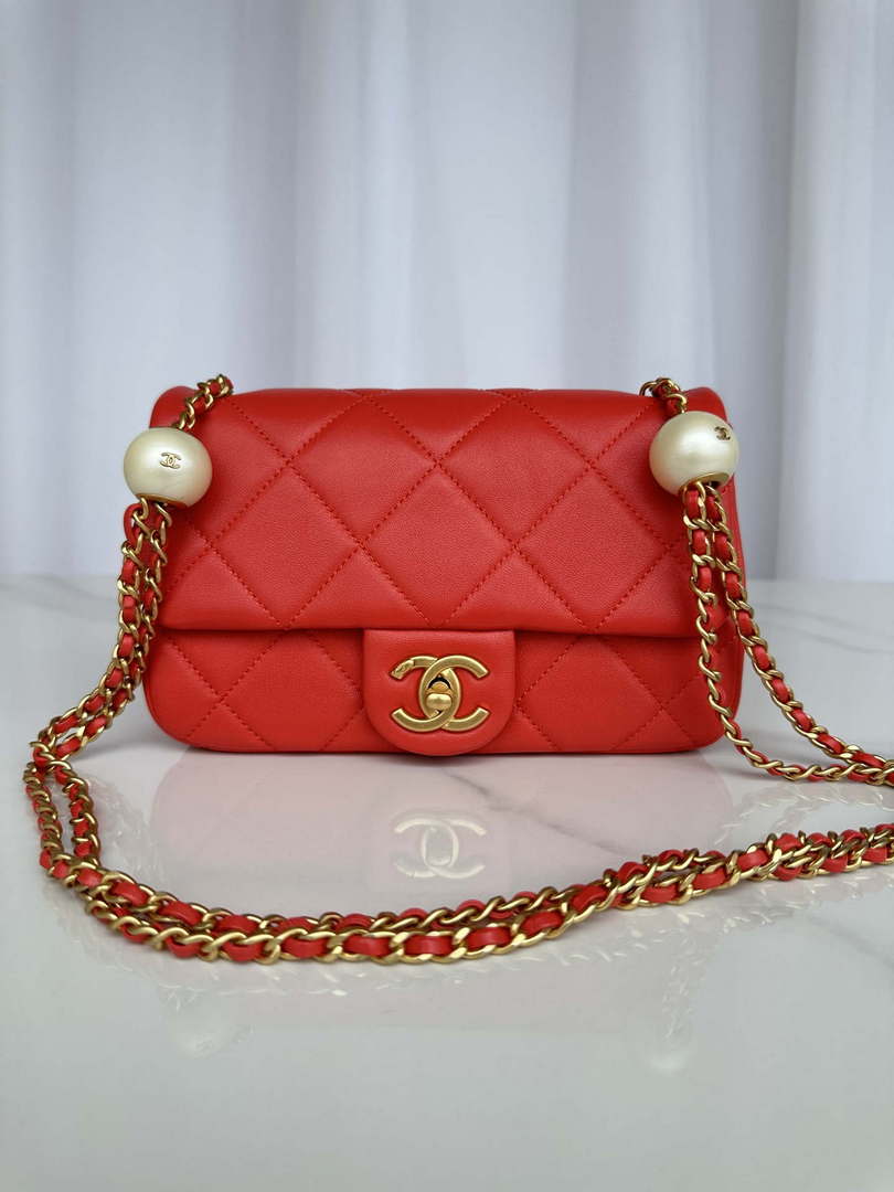 Chanel AS4861 Small Flap Bag Pearly Lambskin Imitation Pearls & Gold-Tone Metal Red - Default Title - View 1