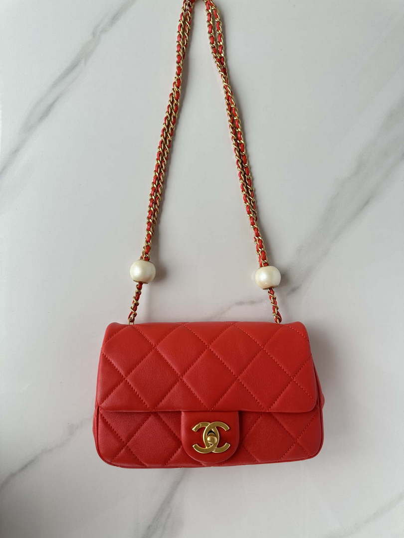 Chanel AS4861 Small Flap Bag Pearly Lambskin Imitation Pearls & Gold-Tone Metal Red - Default Title - View 9