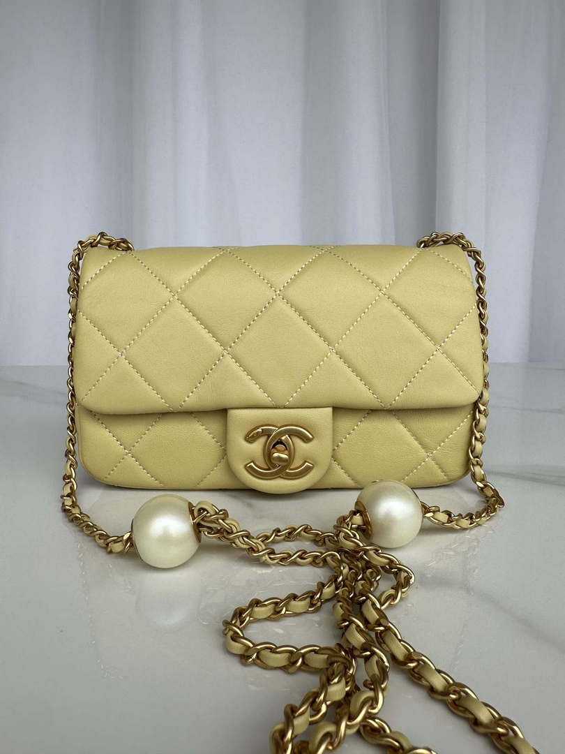 Chanel AS4861 Small Flap Bag Pearly Lambskin Imitation Pearls & Gold-Tone Metal Yellow - Default Title - View 1