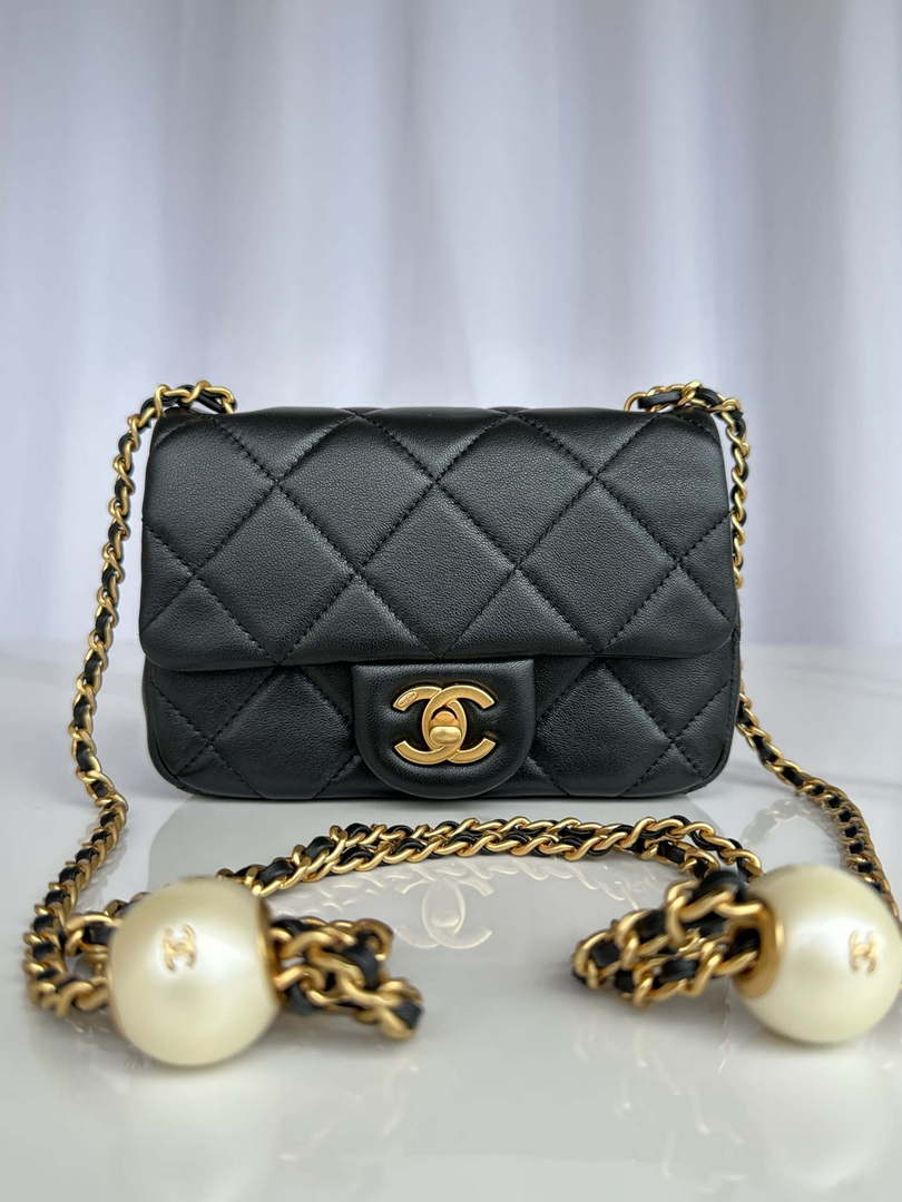 Chanel AS4868 Mini Flap Bag Pearly Lambskin Imitation Pearls & Gold-Tone Metal Black - Default Title - View 1