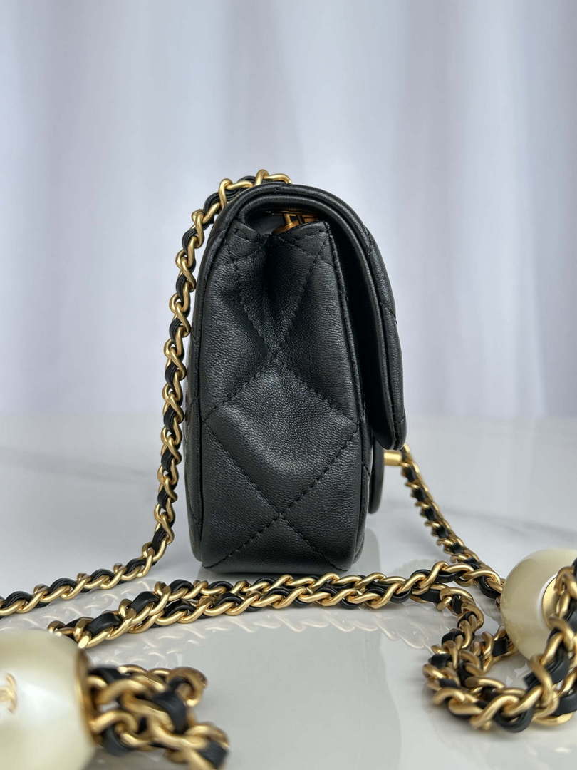 Chanel AS4868 Mini Flap Bag Pearly Lambskin Imitation Pearls & Gold-Tone Metal Black