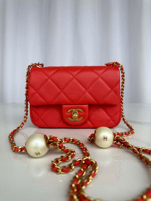 Chanel AS4868 Mini Flap Bag Pearly Lambskin Imitation Pearls & Gold-Tone Metal Red - Default Title - View 1