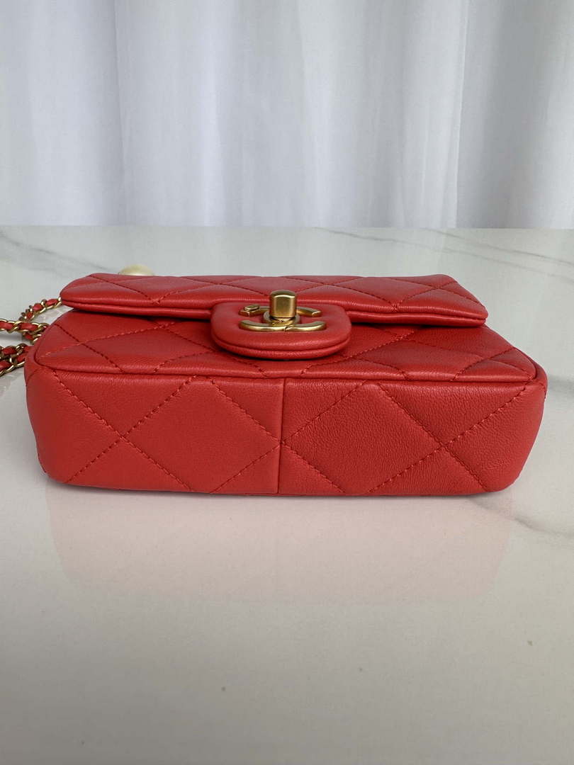 Chanel AS4868 Mini Flap Bag Pearly Lambskin Imitation Pearls & Gold-Tone Metal Red