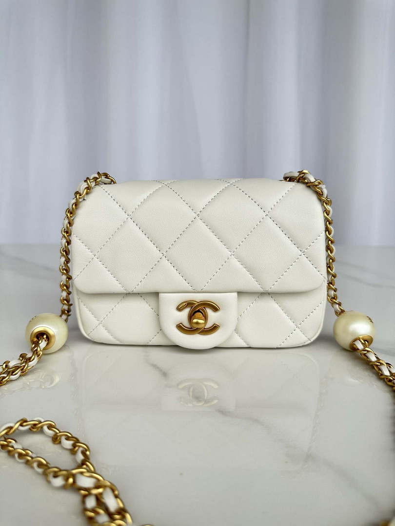 Chanel AS4868 Mini Flap Bag Pearly Lambskin Imitation Pearls & Gold-Tone Metal White - Default Title - View 1