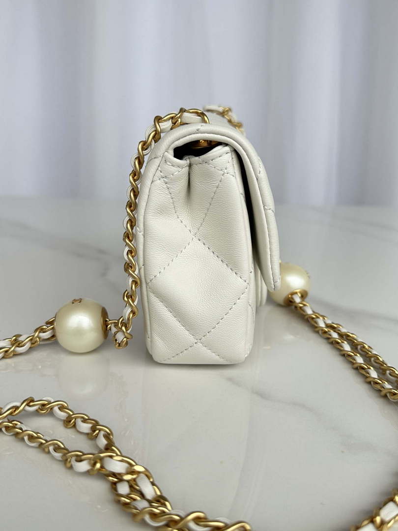 Chanel AS4868 Mini Flap Bag Pearly Lambskin Imitation Pearls & Gold-Tone Metal White