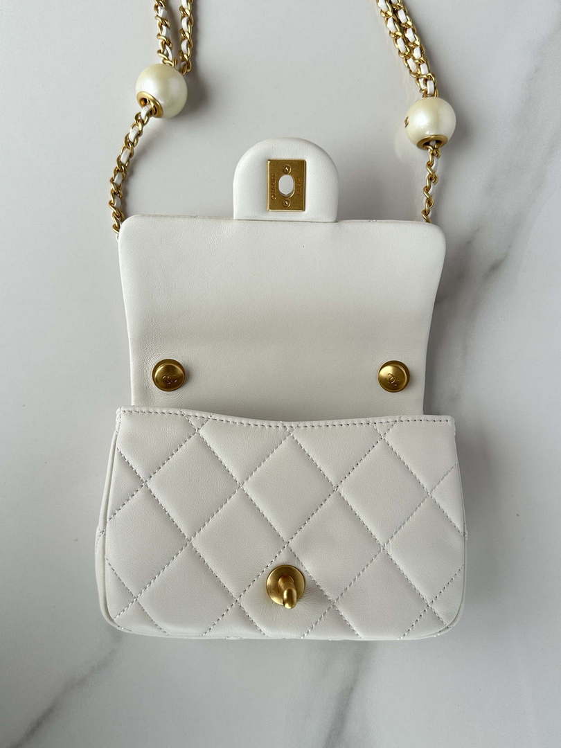 Chanel AS4868 Mini Flap Bag Pearly Lambskin Imitation Pearls & Gold-Tone Metal White