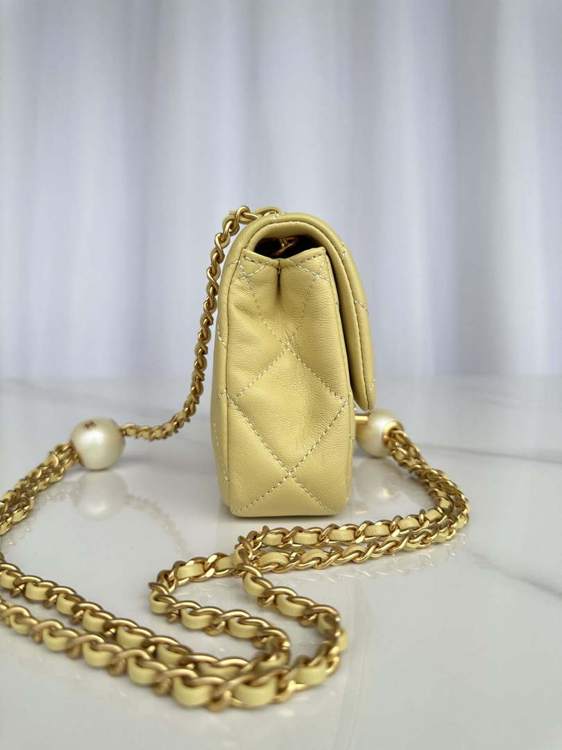 Chanel AS4868 Mini Flap Bag Pearly Lambskin Imitation Pearls & Gold-Tone Metal Yellow
