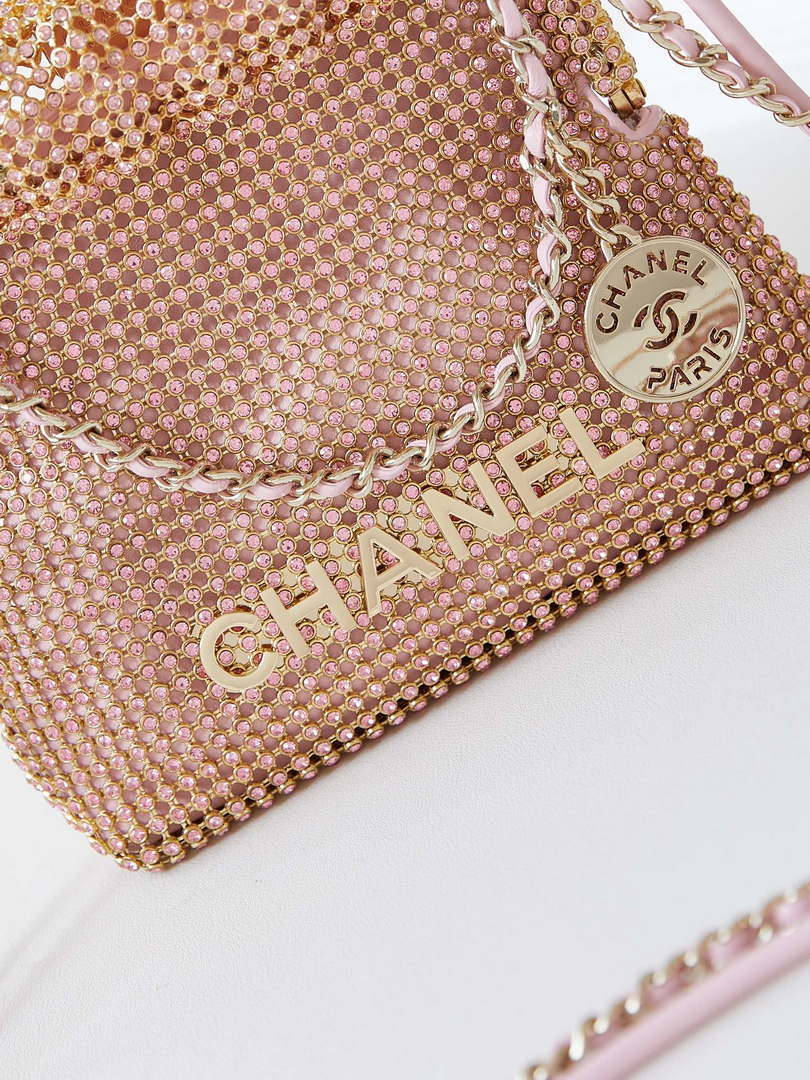 Chanel AS4894 Mini Handbag 22 bag evening bag Strass & Gold-Tone Metal Light Pink