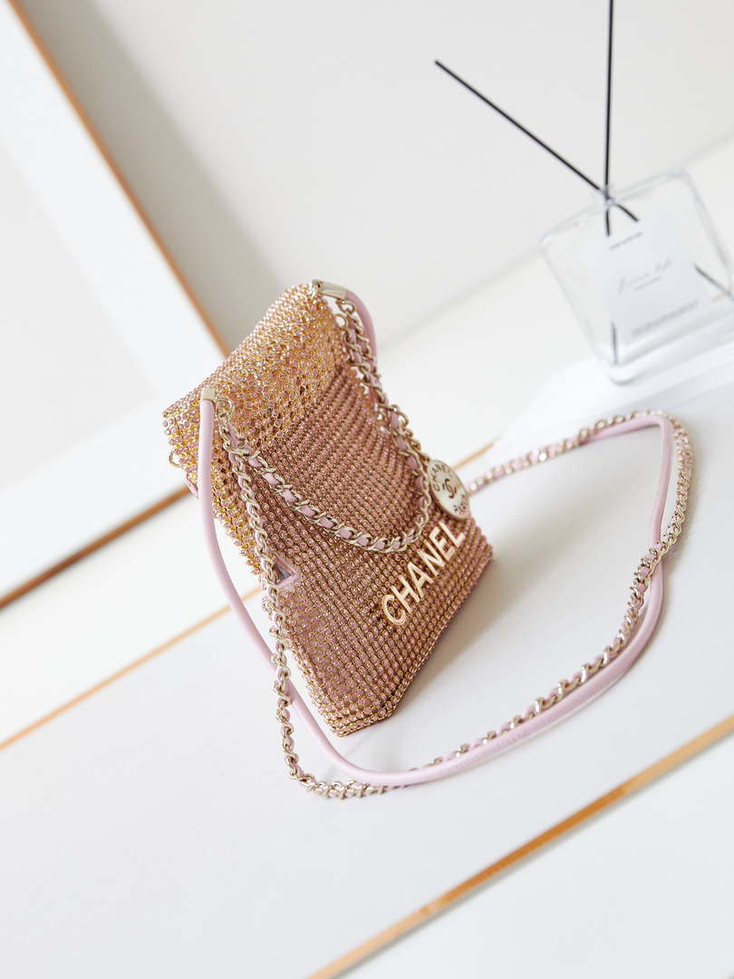 Chanel AS4894 Mini Handbag 22 bag evening bag Strass & Gold-Tone Metal Light Pink