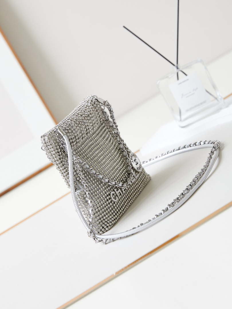 Chanel AS4894 Mini Handbag 22 bag evening bag Strass Silver-Tone Metal Silver