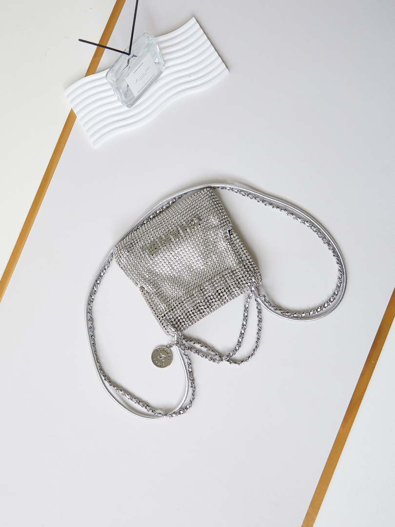 Chanel AS4894 Mini Handbag 22 bag evening bag Strass Silver-Tone Metal Silver