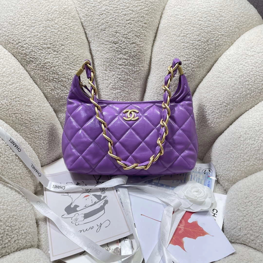 Chanel AS4912 Meduim Hobo Shiny Lambskin & Gold-Tone Metal Purple - Default Title - View 1