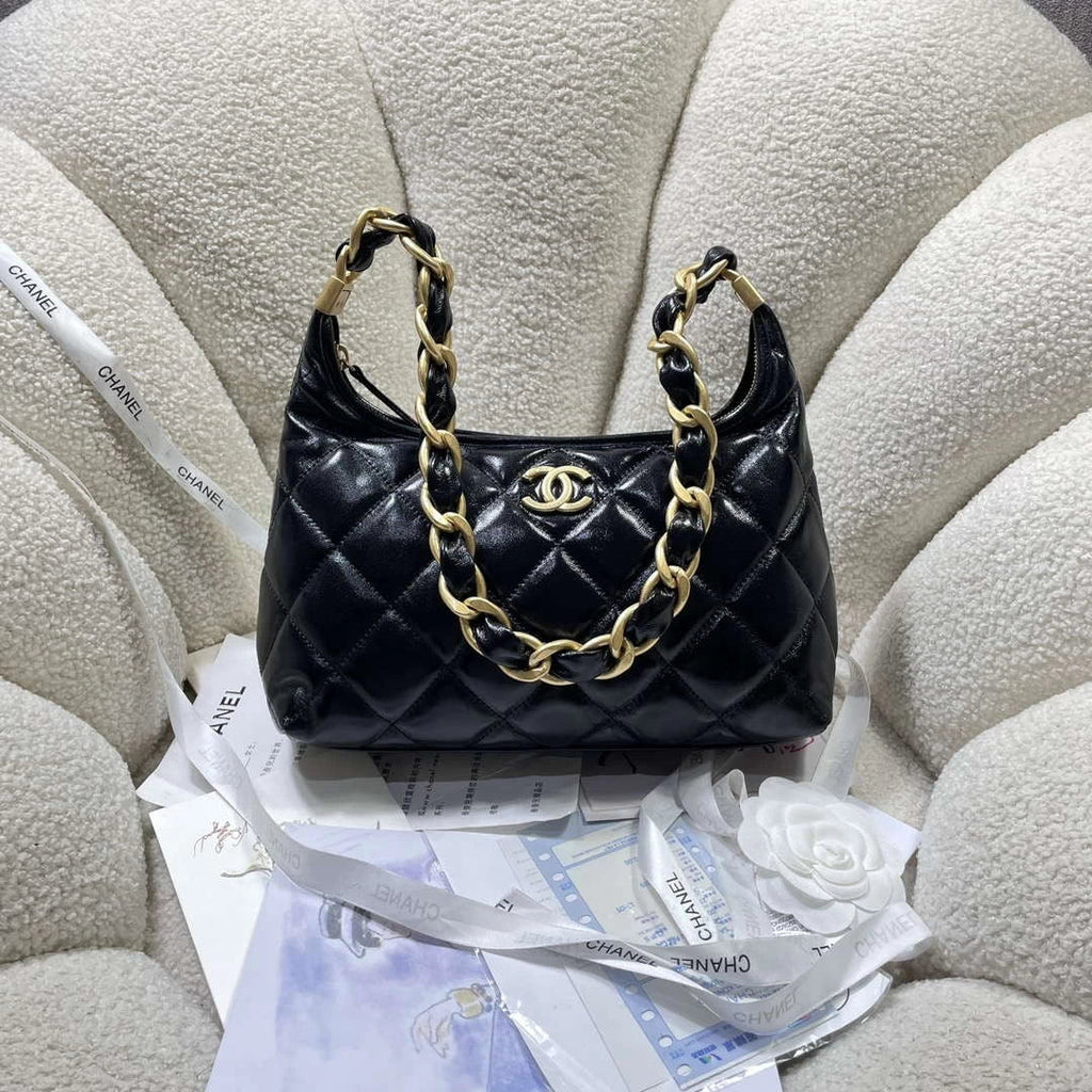 Chanel AS4912 Meduim Hobo Shiny Lambskin & Gold-Tone Metal Black