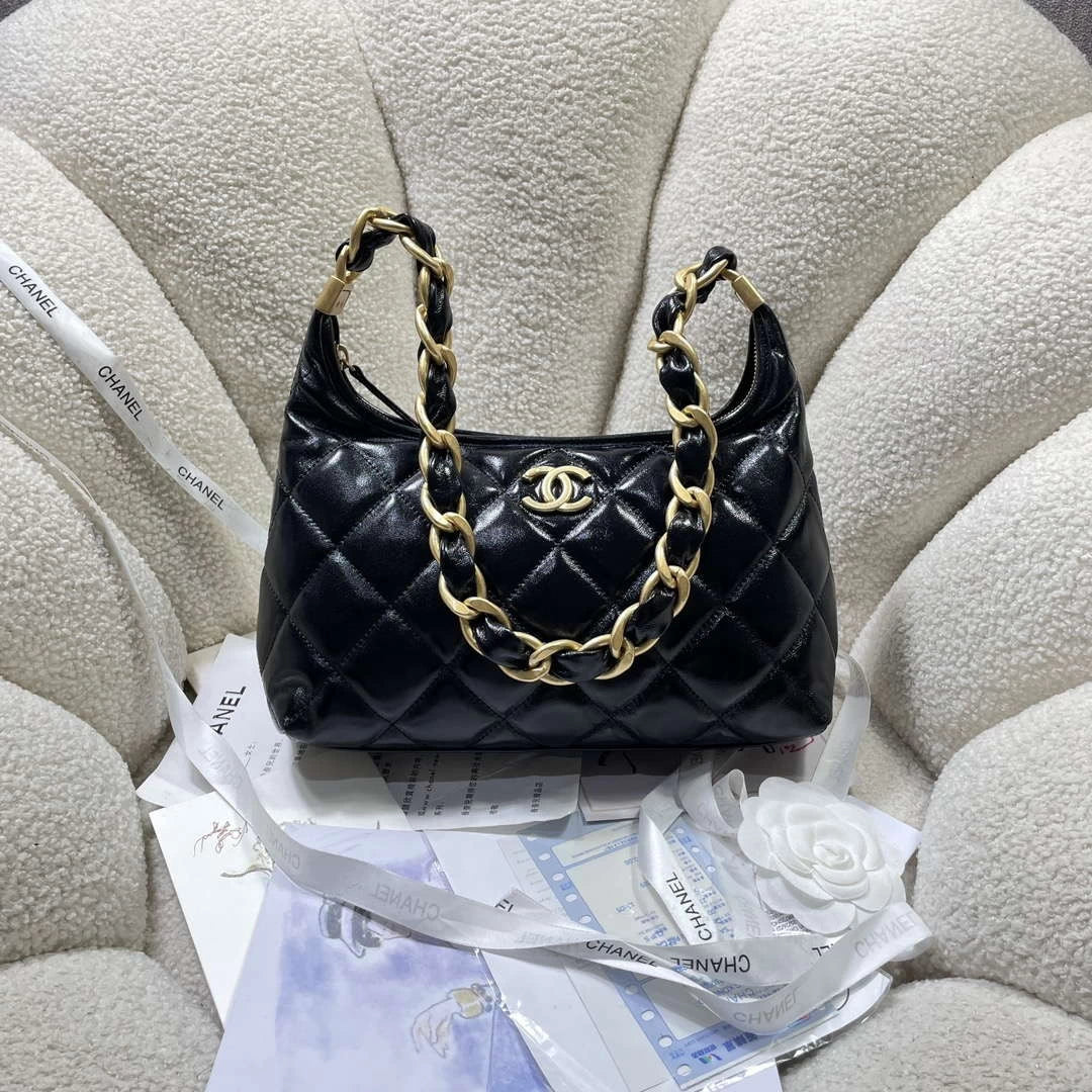 Chanel AS4912 Meduim Hobo Shiny Lambskin & Gold-Tone Metal Black - Default Title - View 1