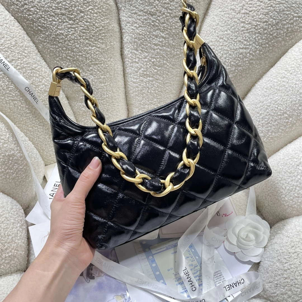 Chanel AS4912 Meduim Hobo Shiny Lambskin & Gold-Tone Metal Black